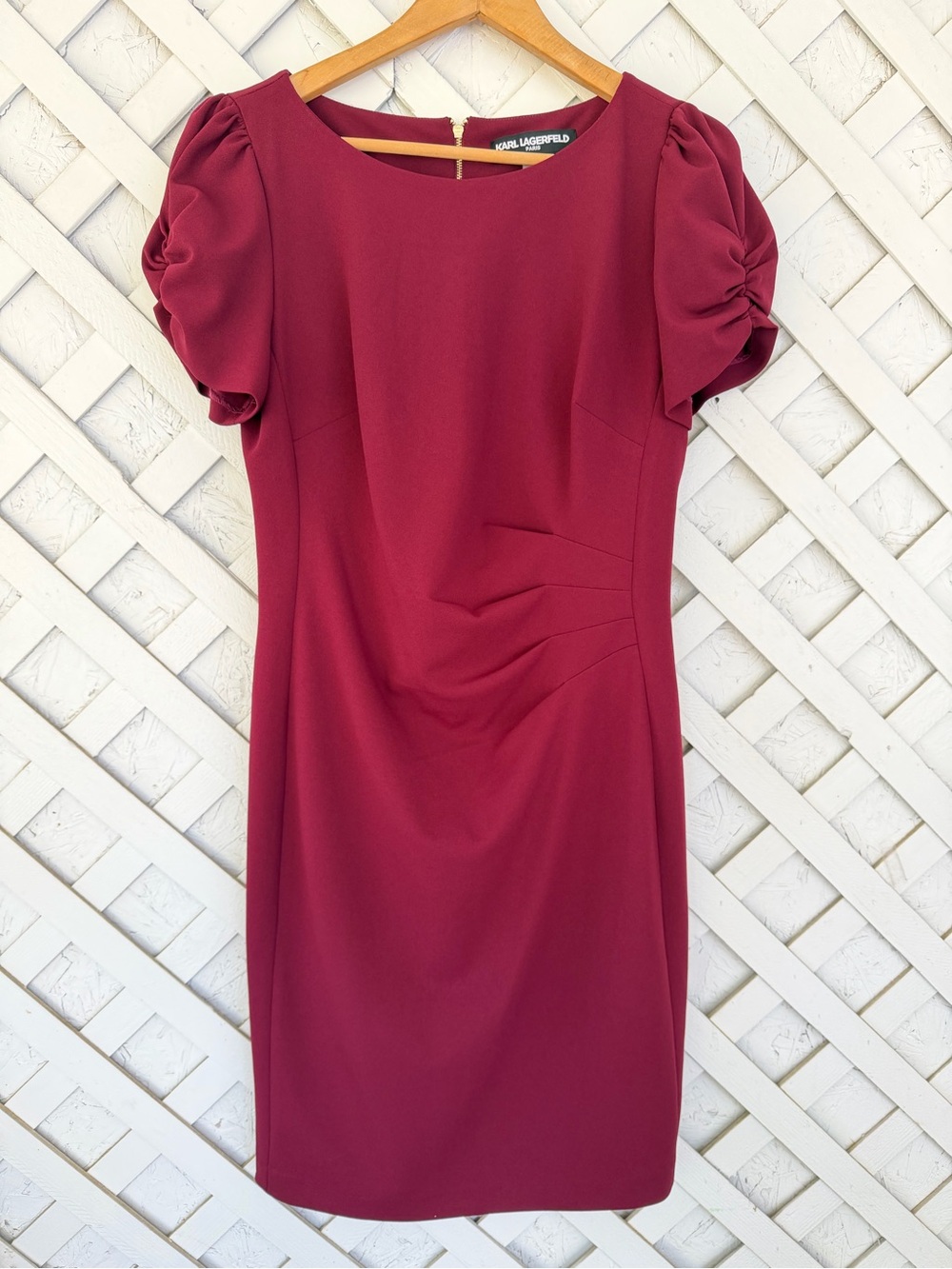 Karl Lagerfeld Puff Sleeve Scuba Crepe Side Ruched Sheath Dress Size 10 Red